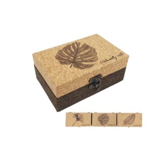 Caja Corcho y Arpillera Decorada Hojas